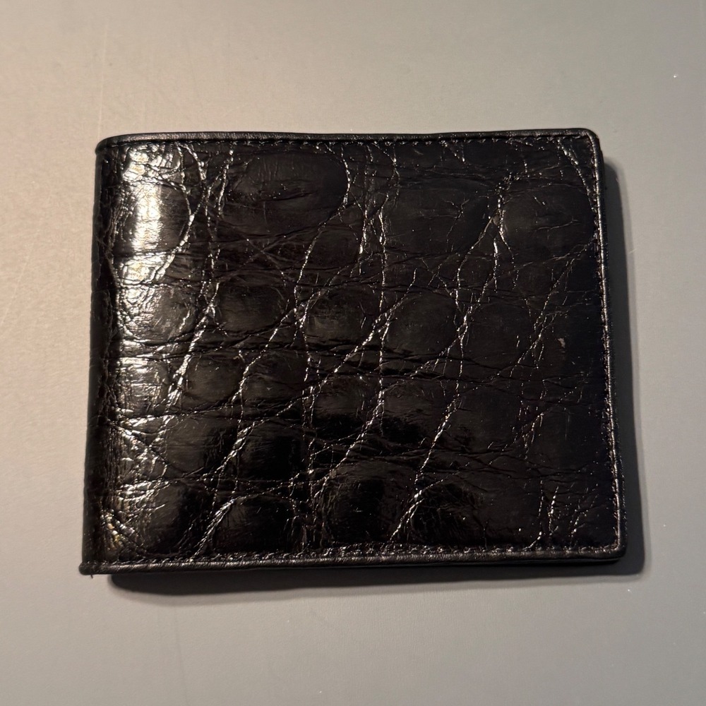 Genuine Crocodile Skin Bifold Wallet Black Exotic Leather ID Window Mens